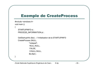 - Ecole Nationale Supérieure d'Ingénieurs de Caen - © dp - 35 -
Exemple de CreateProcess
#include <windows.h>
void main ()
{
STARTUPINFO si ;
PROCESS_INFORMATION pi ;
GetStartupInfo (&si) ; // Initialisation de la STARTUPINFO
CreateProcess (NULL,
"notepad",
NULL,NULL,
FALSE,
0,NULL,NULL,
&si,&pi) ;
}
 