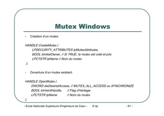 - Ecole Nationale Supérieure d'Ingénieurs de Caen - © dp - 81 -
Mutex Windows
z Création d’un mutex:
HANDLE CreateMutex (
LPSECURITY_ATTRIBUTES lpMutexAttributes,
BOOL bInitialOwner, // Si TRUE, le mutex est créé et pris
LPCTSTR lpName // Nom du mutex
);
z Ouverture d’un mutex existant:
HANDLE OpenMutex (
DWORD dwDesiredAccess, // MUTEX_ALL_ACCESS ou SYNCHRONIZE
BOOL bInheritHandle, // Flag d’héritage
LPCTSTR lpName // Nom du mutex
);
 