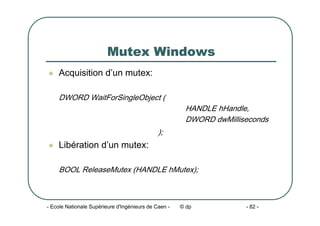 - Ecole Nationale Supérieure d'Ingénieurs de Caen - © dp - 82 -
Mutex Windows
z Acquisition d’un mutex:
DWORD WaitForSingleObject (
HANDLE hHandle,
DWORD dwMilliseconds
);
z Libération d’un mutex:
BOOL ReleaseMutex (HANDLE hMutex);
 
