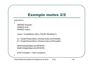 - Ecole Nationale Supérieure d'Ingénieurs de Caen - © dp - 84 -
Exemple mutex 2/2
void main ()
{
DWORD ThreadId ;
HANDLE ta,tb ;
HANDLE mutex ;
mutex = CreateMutex (NULL,FALSE,"MonMutex") ;
ta = CreateThread (NULL,0,thread,mutex,0,&ThreadId) ;
tb = CreateThread (NULL,0,thread,mutex,0,&ThreadId) ;
WaitForSingleObject (ta,INFINITE) ;
WaitForSingleObject (tb,INFINITE) ;
printf ("compteur = %dn",compteur) ;
}
 