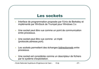 - Ecole Nationale Supérieure d'Ingénieurs de Caen - © dp - 97 -
Les sockets
z Interface de programmation proposée par l'Unix de Berkeley et
implémenté par WinSock de Trumpet pour Windows 3.x
z Une socket peut être vue comme un point de communication
entre processus.
z Une socket peut être vue comme un triplé
(protocole,adresse,port).
z Les sockets permettent des échanges bidirectionnels entre
processus.
z Une socket est considérée comme un descripteur de fichiers
par le système d'exploitation.
 