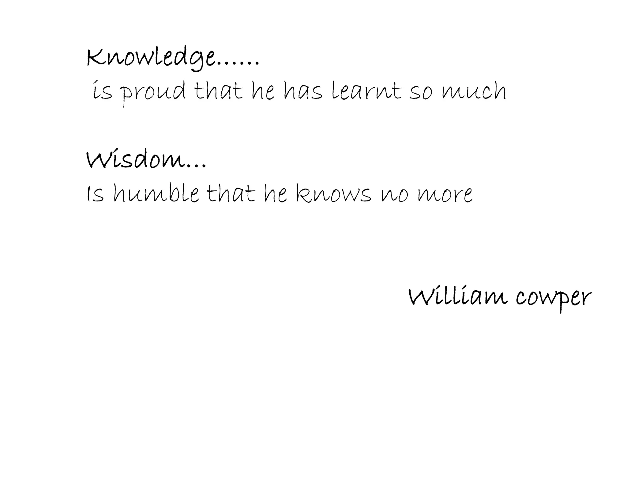 Knowledge……
is proud that he has learnt so much
Wisdom…
Is humble that he knows no more
William cowper
 