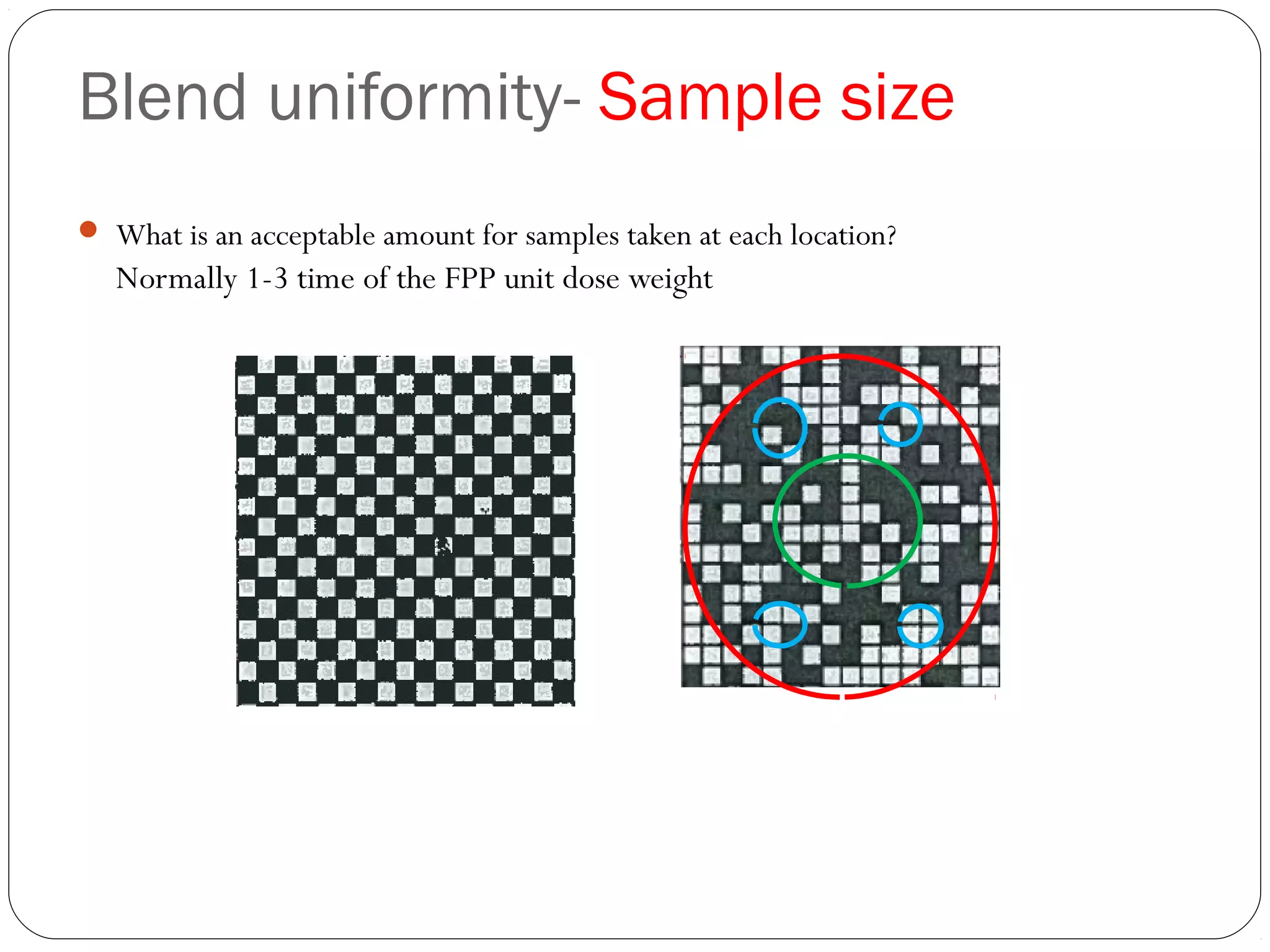 Blend uniformity- Sample size
 What is an acceptable amount for samples taken at each location?
Normally 1-3 time of the FPP unit dose weight
 