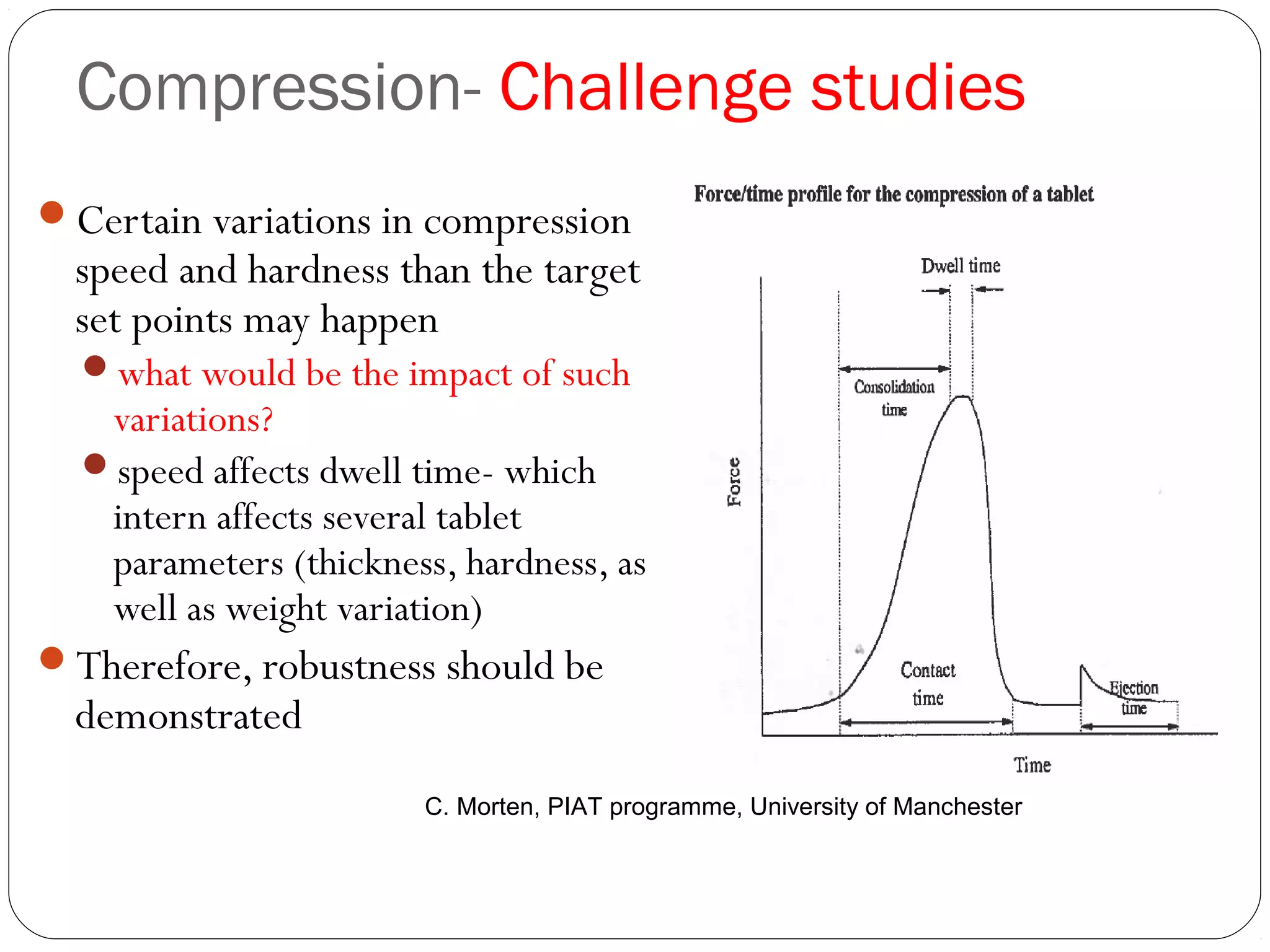 Compression- Challenge studies
Certain variations in compression
speed and hardness than the target
set points may happen
what would be the impact of such
variations?
speed affects dwell time- which
intern affects several tablet
parameters (thickness, hardness, as
well as weight variation)
Therefore, robustness should be
demonstrated
C. Morten, PIAT programme, University of Manchester
 