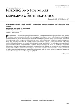Page 60
Journal of Bioanalysis & Biomedicine | ISSN: 1948-593X | Volume 10
Biologics and Biosimilars
13th
International Conference on
Biopharma & Biotherapeutics
October 24-25, 2018 | Boston, USA
&
Process validation and critical regulatory requirements in manufacturing of inactivated veterinary
vaccines
Ahmed Hesham1
, Elham Elzoghbi2
and Awad A Shehata3
1
Middle East for Veterinary Vaccine, Egypt
2
Animal Health Research Institute, Egypt
3
University of Sadat City, Egypt
Process validation is the most critical regulatory requirement for licensed biopharmaceuticals and vaccine facilities. It is also
considered as an economic issue through understanding and controlling any process and subsequently minimizing the
processes failures. The Process Design (PD), Process Qualification (PQ) and continued Process Verification (PV) are the main
three stages for an industry for process validation. It was defined as the collection and evaluation of data, from the process
design stage throughout production, to establish a scientific evidence that a process is consistently delivering high-quality
products and in accordance with the principles of Good Manufacturing Practice (GMP). The challenges of vaccine production
process are not limited to its complicated details which may change the validity of the process but also the cross-process that
still the biggest challenge. Therefore, process validation in biopharmaceutical industries has the high priority especially vaccine
production. In conclusion, continuous monitoring and validation of inactivated veterinary vaccines have the great impact
on defects, nonconformance decreasing and processes improvement. Also, the critical parameters of process validation of
inactivated veterinary vaccine manufacturing are highlighted.
qam@me-vac.com
J Bioanal Biomed 2018, Volume 10
DOI: 10.4172/1948-593X-C3-045
 