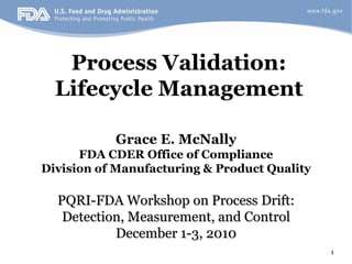 1
Process Validation:
Lifecycle Management
Grace E. McNally
FDA CDER Office of Compliance
Division of Manufacturing & Product Quality
PQRI-FDA Workshop on Process Drift:
Detection, Measurement, and Control
December 1-3, 2010
 