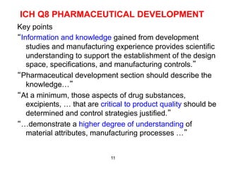 ICH Q8 PHARMACEUTICAL DEVELOPMENT
Key points
“Information and knowledge gained from development
   studies and manufacturing experience provides scientific
   understanding to support the establishment of the design
   space, specifications, and manufacturing controls.”
“Pharmaceutical development section should describe the
   knowledge…”
“At a minimum, those aspects of drug substances,
   excipients, … that are critical to product quality should be
   determined and control strategies justified.”
“…demonstrate a higher degree of understanding of
   material attributes, manufacturing processes …”


                             11
 