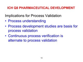 ICH Q8 PHARMACEUTICAL DEVELOPMENT

Implications for Process Validation
•  Process understanding
•  Process development studies are basis for
   process validation
•  Continuous process verification is
   alternate to process validation



                     13
 