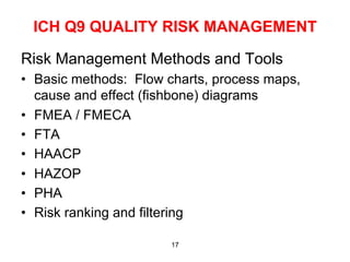ICH Q9 QUALITY RISK MANAGEMENT

Risk Management Methods and Tools
•  Basic methods: Flow charts, process maps,
   cause and effect (fishbone) diagrams
•  FMEA / FMECA
•  FTA
•  HAACP
•  HAZOP
•  PHA
•  Risk ranking and filtering

                       17
 