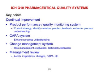 ICH Q10 PHARMACEUTICAL QUALITY SYSTEMS

Key points
Continual improvement
•  Product performance / quality monitoring system
   –  Control strategy, identify variation, problem feedback, enhance process
      understanding
•  CAPA system
   –  Enhance process understanding
•  Change management system
   –  Risk management, evaluation, technical justification
•  Management review
   –  Audits, inspections, changes, CAPA, etc.




                                     24
 