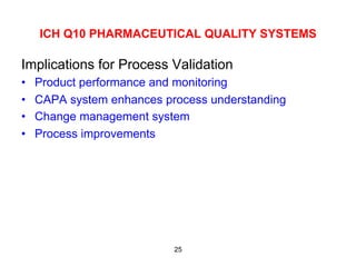 ICH Q10 PHARMACEUTICAL QUALITY SYSTEMS

Implications for Process Validation
•    Product performance and monitoring
•    CAPA system enhances process understanding
•    Change management system
•    Process improvements




                            25
 