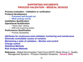 SUPPORTING DOCUMENTS
              PROCESS VALIDATION – MEDICAL DEVICES
Process evaluation – Validation or verification
Protocol development
    –  Processes well thought out
    –  What could go wrong
Installation Qualification
Operational Qualification
    –  “Worst case” testing
    –  DOE and screening studies
Performance Qualification
    –  Process repeatability
Attributes for continuous post-validation monitoring and maintenance
Eliminate controllable causes of variation.
Maintaining a state of validation – Monitor and control
Change control
Statistical Methods
Risk Analysis Methods
Reference: Global Harmonization Task Force (GHTF) Study Group 3. Quality
   Management Systems – Process Validation Guidance. January 2004.
                                    35
 
