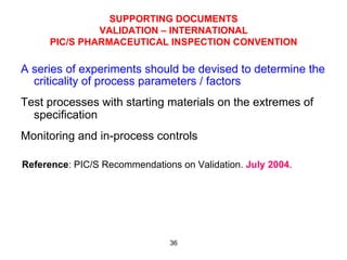 SUPPORTING DOCUMENTS
               VALIDATION – INTERNATIONAL
      PIC/S PHARMACEUTICAL INSPECTION CONVENTION

A series of experiments should be devised to determine the
  criticality of process parameters / factors
Test processes with starting materials on the extremes of
  specification
Monitoring and in-process controls

Reference: PIC/S Recommendations on Validation. July 2004.




                               36
 