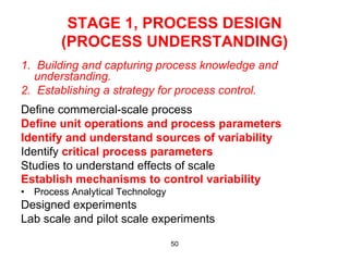 STAGE 1, PROCESS DESIGN
        (PROCESS UNDERSTANDING)
1. Building and capturing process knowledge and
   understanding.
2. Establishing a strategy for process control.
Define commercial-scale process
Define unit operations and process parameters
Identify and understand sources of variability
Identify critical process parameters
Studies to understand effects of scale
Establish mechanisms to control variability
•  Process Analytical Technology
Designed experiments
Lab scale and pilot scale experiments

                                   50
 