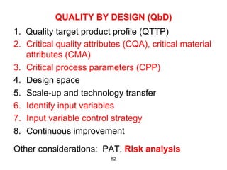 QUALITY BY DESIGN (QbD)
1. Quality target product profile (QTTP)
2.  Critical quality attributes (CQA), critical material
    attributes (CMA)
3.  Critical process parameters (CPP)
4.  Design space
5.  Scale-up and technology transfer
6.  Identify input variables
7.  Input variable control strategy
8.  Continuous improvement

Other considerations: PAT, Risk analysis
                           52
 