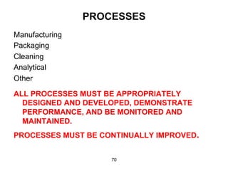 PROCESSES
Manufacturing
Packaging
Cleaning
Analytical
Other

ALL PROCESSES MUST BE APPROPRIATELY
  DESIGNED AND DEVELOPED, DEMONSTRATE
  PERFORMANCE, AND BE MONITORED AND
  MAINTAINED.
PROCESSES MUST BE CONTINUALLY IMPROVED.


                    70
 