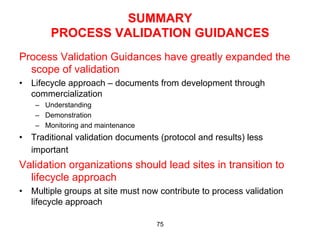 SUMMARY
        PROCESS VALIDATION GUIDANCES
Process Validation Guidances have greatly expanded the
  scope of validation
•  Lifecycle approach – documents from development through
   commercialization
    –  Understanding
    –  Demonstration
    –  Monitoring and maintenance
•  Traditional validation documents (protocol and results) less
   important
Validation organizations should lead sites in transition to
  lifecycle approach
•  Multiple groups at site must now contribute to process validation
   lifecycle approach

                                    75
 