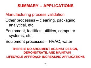SUMMARY -- APPLICATIONS

Manufacturing process validation
Other processes – cleaning, packaging,
 analytical, etc.
Equipment, facilities, utilities, computer
 systems, etc.
Equipment processes – HVAC, water
    THERE IS NO ARGUMENT AGAINST DESIGN,
          DEMONSTRATE, AND MAINTAIN
LIFECYCLE APPROACH INCREASING APPLICATIONS

                       84
 