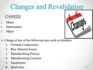 Changes and Revalidation
1. Minor
2. Intermediate
3. Major
 Change of any of the following may need revalidation
1. Formula Composition
2. Raw Material Source
3. Manufacturing Process
4. Manufacturing Location
5. Equipments
6. Batch Size
CHANGES
21
 