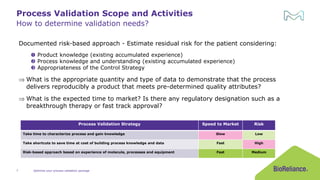 Documented risk-based approach - Estimate residual risk for the patient considering:
 Product knowledge (existing accumulated experience)
 Process knowledge and understanding (existing accumulated experience)
 Appropriateness of the Control Strategy
 What is the appropriate quantity and type of data to demonstrate that the process
delivers reproducibly a product that meets pre-determined quality attributes?
 What is the expected time to market? Is there any regulatory designation such as a
breakthrough therapy or fast track approval?
Process Validation Scope and Activities
Process Validation Strategy Speed to Market Risk
Take time to characterize process and gain knowledge Slow Low
Take shortcuts to save time at cost of building process knowledge and data Fast High
Risk-based approach based on experience of molecule, processes and equipment Fast Medium
How to determine validation needs?
Optimize your process validation package
7
 