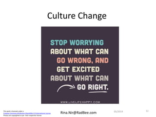 This work is licensed under a
Creative Commons Attribution-ShareAlike 4.0 International License.
Photos are copyrighted as per their respective license.
Rina.Nir@RadBee.com
Culture Change
1205/2014
 
