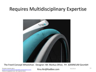 This work is licensed under a
Creative Commons Attribution-ShareAlike 4.0 International License.
Photos are copyrighted as per their respective license.
Rina.Nir@RadBee.com
Requires Multidisciplinary Expertise
2205/2014
The Free4 Concept Wheelchair. Designer: Mr. Markus Ofner, FH JOANNEUM GesmbH
 