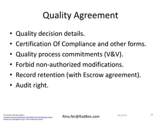 This work is licensed under a
Creative Commons Attribution-ShareAlike 4.0 International License.
Photos are copyrighted as per their respective license.
Rina.Nir@RadBee.com
Quality Agreement
• Quality decision details.
• Certification Of Compliance and other forms.
• Quality process commitments (V&V).
• Forbid non-authorized modifications.
• Record retention (with Escrow agreement).
• Audit right.
3405/2014
 