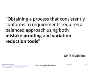 This work is licensed under a
Creative Commons Attribution-ShareAlike 4.0 International License.
Photos are copyrighted as per their respective license.
Rina.Nir@RadBee.com
“Obtaining a process that consistently
conforms to requirements requires a
balanced approach using both
mistake proofing and variation
reduction tools”
GHTF Guideline
3905/2014
 