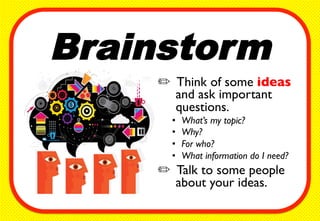 Brainstorm
✏  Think of some ideas
and ask important
questions.	

•  What’s my topic?	

•  Why?	

•  For who?	

•  What information do I need?	

✏  Talk to some people
about your ideas. 	

 