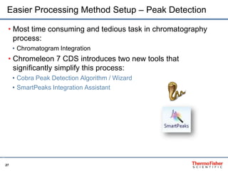 27
Easier Processing Method Setup – Peak Detection
• Most time consuming and tedious task in chromatography
process:
• Chromatogram Integration
• Chromeleon 7 CDS introduces two new tools that
significantly simplify this process:
• Cobra Peak Detection Algorithm / Wizard
• SmartPeaks Integration Assistant
27
 