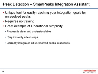 33
Peak Detection – SmartPeaks Integration Assistant
• Unique tool for easily reaching your integration goals for
unresolved peaks
• Requires no training
• Great example of Operational Simplicity
• Process is clear and understandable
• Requires only a few steps
• Correctly integrates all unresolved peaks in seconds
 