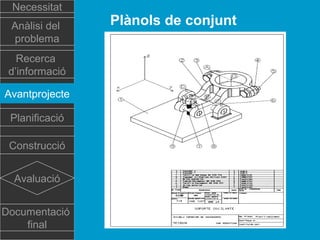 Necessitat
Anàlisi del
problema
Recerca
d’informació
Avantprojecte
Planificació
Construcció
Avaluació
Documentació
final

Plànols de conjunt

 