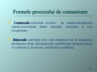 Formele procesului de comunicare
Formele procesului de comunicare
 Unilaterală
Unilaterală-controlată exclusiv de emiţător,desfăşurare
rapidă,concordanţă dintre mesajele transmise şi cele
recepţionate.
 Bilaterală
Bilaterală-
- participă activ atât emiţătorul cât şi receptorul;
desfăşurare lentă, dezorganizată, semnifica ia mesajului poate
ț
fi verificată i, la nevoie, clarificată i redefinită.
ș ș
12
 