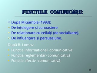 FuncTiile comunic rii:
ă
FuncTiile comunic rii:
ă
 După M.Gamble (1993):
De înţelegere şi cunoaştere.
De relaţionare cu ceilalţi (de socializare).
De influenţare şi persuasiune.
După B. Lomov:
• Funcţia informaţional -comunicativă
• Funcţia reglementar- comunicativă
• Funcţia afectiv -comunicativă
15
 