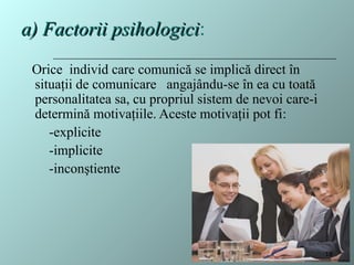 Orice individ care comunică se implică direct în
situaţii de comunicare angajându-se în ea cu toată
personalitatea sa, cu propriul sistem de nevoi care-i
determină motivaţiile. Aceste motivaţii pot fi:
-explicite
-implicite
-inconştiente
a) Factorii psihologici
a) Factorii psihologici:
18
 