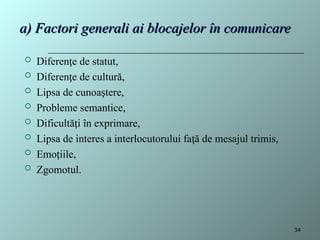 a) Factori generali ai blocajelor în comunicare
a) Factori generali ai blocajelor în comunicare
 Diferen e de statut,
ț
 Diferen e de cultură,
ț
 Lipsa de cunoa tere,
ș
 Probleme semantice,
 Dificultă i în exprimare,
ț
 Lipsa de interes a interlocutorului fa ă de mesajul trimis,
ț
 Emo iile,
ț
 Zgomotul.
34
 