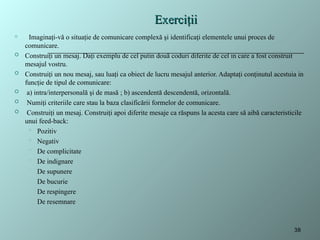 Exerci
Exerciţii
ţii
o Imaginaţi-vă o situaţie de comunicare complexă şi identificaţi elementele unui proces de
comunicare.
 Construiţi un mesaj. Daţi exemplu de cel putin două coduri diferite de cel in care a fost construit
mesajul vostru.
 Construiţi un nou mesaj, sau luaţi ca obiect de lucru mesajul anterior. Adaptaţi conţinutul acestuia in
funcţie de tipul de comunicare:
 a) intra/interpersonală şi de masă ; b) ascendentă descendentă, orizontală.
 Numiţi criteriile care stau la baza clasificării formelor de comunicare.
 Construiţi un mesaj. Construiţi apoi diferite mesaje ca răspuns la acesta care să aibă caracteristicile
unui feed-back:
 Pozitiv
 Negativ
 De complicitate
 De indignare
 De supunere
 De bucurie
 De respingere
 De resemnare
38
 