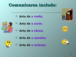 Comunicarea include:
Comunicarea include:
 Arta de a vorbi;
 Arta de a scrie;
 Arta de a tăcea;
 Arta de a asculta;
 Arta de a acţiona.
5
 