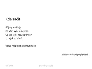 Kde začít
Příjmy a výdaje
Co vám vydělá nejvíc?
Co vás stojí nejvíc peněz?
... a jak to víte?
Value mapping a komunikace
Zásadní otázky bývají prosté

12/11/2013

@KarH79 #procesyCO

 