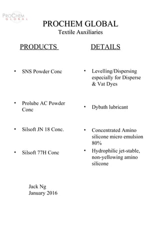 PROCHEM GLOBALPROCHEM GLOBAL
Textile AuxiliariesTextile Auxiliaries
• SNS Powder Conc
• Prolube AC Powder
Conc
• Silsoft JN 18 Conc.
• Silsoft 77H Conc
• Levelling/Dispersing
especially for Disperse
& Vat Dyes
• Dybath lubricant
• Concentrated Amino
silicone micro emulsion
80%
• Hydrophilic jet-stable,
non-yellowing amino
silicone
PRODUCTS DETAILS
Jack Ng
January 2016
 
