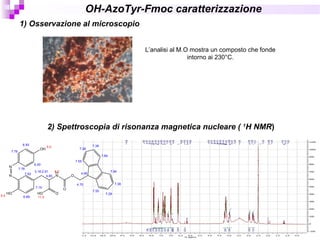L’analisi al M.O mostra un composto che fonde
intorno ai 230°C.
1) Osservazione al microscopio
OH-AzoTyr-Fmoc caratterizzazione
N
N
OH
HO
H
N
OHO
O
O
6.93
6.93
7.76
7.76
6.88
7.15
7.62
5.0
5.0
3.16;2.91
4.85
8.0
11.0
4.46
7.55
7.28
7.38
7.84
7.84
7.38
7.28
7.55
4.70
2) Spettroscopia di risonanza magnetica nucleare ( 1
H NMR)
 