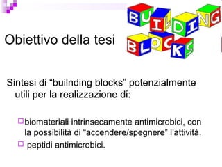 Obiettivo della tesi
Sintesi di “builnding blocks” potenzialmente
utili per la realizzazione di:
biomateriali intrinsecamente antimicrobici, con
la possibilità di “accendere/spegnere” l’attività.
 peptidi antimicrobici.
 