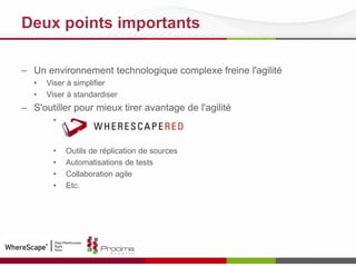 Deux points importants
– Un environnement technologique complexe freine l'agilité
• Viser à simplifier
• Viser à standardiser
– S'outiller pour mieux tirer avantage de l'agilité
•
• Outils de réplication de sources
• Automatisations de tests
• Collaboration agile
• Etc.
 