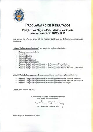 Resultados oficiais das eleições aos Órgãos Sociais da OE do dia 12 de dezembro de 2011