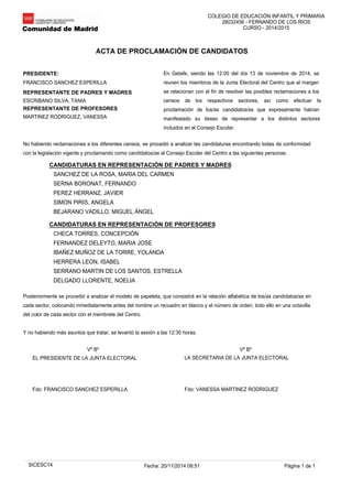 COLEGIO DE EDUCACIÓN INFANTIL Y PRIMARIA 
28032456 - FERNANDO DE LOS RIOS 
CURSO - 2014/2015 
ACTA DE PROCLAMACIÓN DE CANDIDATOS 
En Getafe, siendo las 12:00 del día 13 de noviembre de 2014, se 
reunen los miembros de la Junta Electoral del Centro que al margen 
se relacionan con el fin de resolver las posibles reclamaciones a los 
censos de los respectivos sectores, así como efectuar la 
proclamación de los/as candidatos/as que expresamente habían 
manifestado su deseo de representar a los distintos sectores 
incluidos en el Consejo Escolar. 
PRESIDENTE: 
FRANCISCO SANCHEZ ESPERILLA 
REPRESENTANTE DE PADRES Y MADRES 
ESCRIBANO SILVA, TANIA 
REPRESENTANTE DE PROFESORES 
MARTINEZ RODRIGUEZ, VANESSA 
No habiendo reclamaciones a los diferentes censos, se procedió a analizar las candidaturas encontrando todas de conformidad 
con la legislación vigente y proclamando como candidatos/as al Consejo Escolar del Centro a las siguientes personas: 
CANDIDATURAS EN REPRESENTACIÓN DE PADRES Y MADRES 
SANCHEZ DE LA ROSA, MARIA DEL CARMEN 
SERNA BORONAT, FERNANDO 
PEREZ HERRANZ, JAVIER 
SIMON PIRIS, ANGELA 
BEJARANO VADILLO, MIGUEL ÁNGEL 
CANDIDATURAS EN REPRESENTACIÓN DE PROFESORES 
CHECA TORRES, CONCEPCIÓN 
FERNANDEZ DELEYTO, MARIA JOSE 
IBAÑEZ MUÑOZ DE LA TORRE, YOLANDA 
HERRERA LEON, ISABEL 
SERRANO MARTIN DE LOS SANTOS, ESTRELLA 
DELGADO LLORENTE, NOELIA 
Posteriormente se procedió a analizar el modelo de papeleta, que consistirá en la relación alfabética de los/as candidatos/as en 
cada sector, colocando inmediatamente antes del nombre un recuadro en blanco y el número de orden, todo ello en una octavilla 
del color de cada sector con el membrete del Centro. 
Y no habiendo más asuntos que tratar, se levantó la sesión a las 12:30 horas. 
Vº Bº Vº Bº 
EL PRESIDENTE DE LA JUNTA ELECTORAL LA SECRETARIA DE LA JUNTA ELECTORAL 
Fdo: FRANCISCO SANCHEZ ESPERILLA Fdo: VANESSA MARTINEZ RODRIGUEZ 
SICESC14 Fecha: 20/11/2014 08:51 Página 1 de 1 

