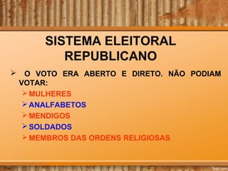 SISTEMA ELEITORAL
REPUBLICANO


O VOTO ERA ABERTO E DIRETO. NÃO PODIAM
VOTAR:
 MULHERES
 ANALFABETOS
 MENDIGOS
 SOLDADOS
 MEMBROS DAS ORDENS RELIGIOSAS

 