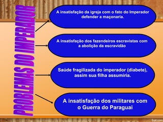 A insatisfação da igreja com o fato do Imperador
defender a maçonaria.

A insatisfação dos fazendeiros escravistas com
a abolição da escravidão

Saúde fragilizada do imperador (diabete),
assim sua filha assumiria.

A insatisfação dos militares com
o Guerra do Paraguai

 