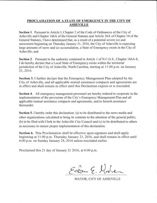 Proclamation of a state of emergency in the city of asheville  - 1-12-16