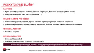 SPARX PROCLOUD SERVER V KB│ÚROVEŇ ZABEZPEČENÍ C0 │ ČERVEN 2019 │ 3
POSKYTOVANÉ SLUŽBY
NÁSTROJE
• Sparx produkty (Enterprise Architect, WebEA, EA plug-ins, ProCloud Server, KeyStore Server)
• integrace (SharePoint, TFS, JIRA, Confluence …)
SDÍLENÉ ÚLOŽIŠTĚ PRO MODELY
• referenční a vývojové prostředí, správa uživatelů a přístupových rolí, verzování, zálohování
• governance jednotlivých modelů, závazný metamodel, možnost připojení lokálních aplikačních modelů
TECHNICKÁ PODPORA
• řešitelská skupina
METODICKÁ PODPORA
• tým v Architecture CoE
• metodičtí gestoři modelů, analytická komunita v KB
Produktem platformy je „model“, který je poskytován prostřednictvím „služeb platformy“.
 