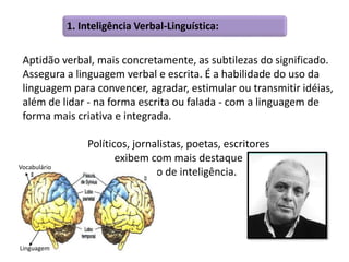1. Inteligência Verbal-Linguística: 
Aptidão verbal, mais concretamente, as subtilezas do significado. 
Assegura a linguagem verbal e escrita. É a habilidade do uso da 
linguagem para convencer, agradar, estimular ou transmitir idéias, 
além de lidar - na forma escrita ou falada - com a linguagem de 
forma mais criativa e integrada. 
Políticos, jornalistas, poetas, escritores 
exibem com mais destaque 
esse tipo de inteligência. 
Vocabulário 
Linguagem 
 